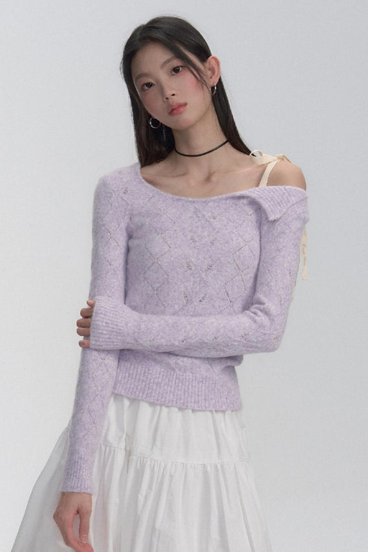 Dreamy Hyacinth Knit Sweater with Shoulder Ties