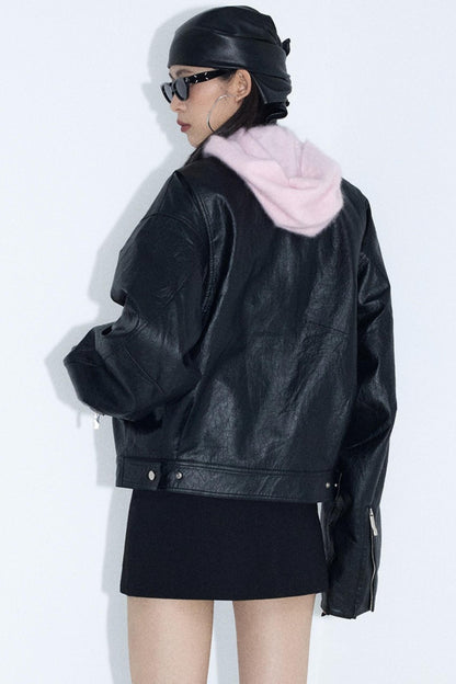 Stand-Up Pleated Leather Jacket