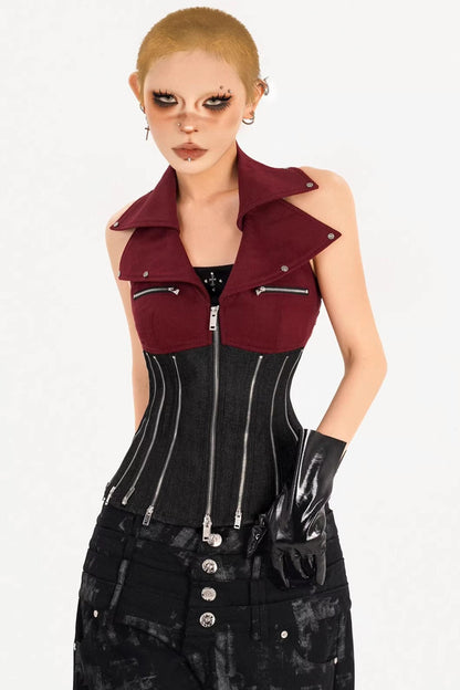 Color-Block Denim Zipper Vest