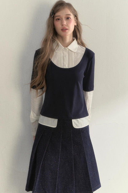 Retro Navy Faux Two-Piece Top