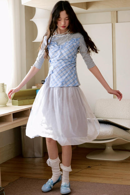 Gray Blue Plaid Knit Top