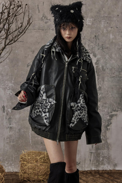 Star Leopard Print Vintage Leather Jacket