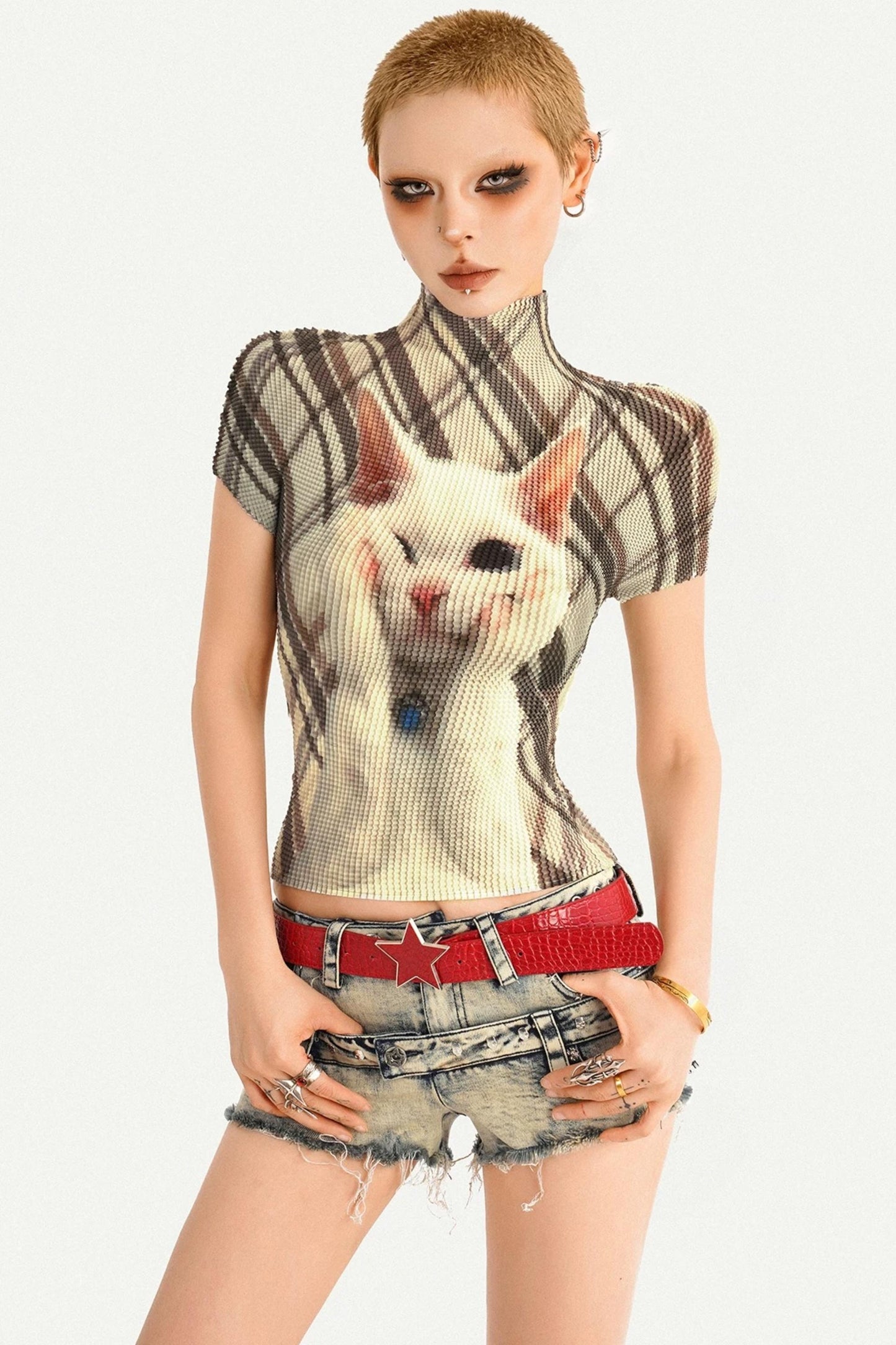 Cat Print Pleated Top