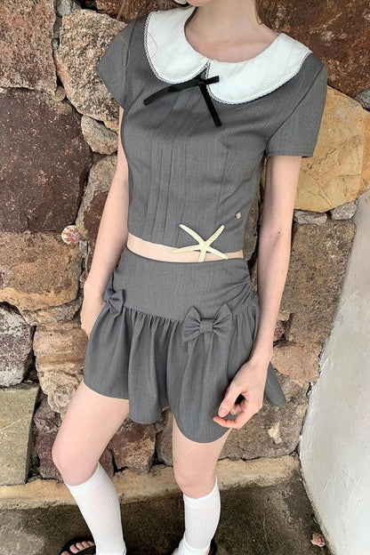 Gray Bowknot Halter Skirt Set-Up