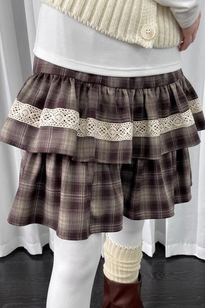 Coffee Plaid Patchwork Puffy Skirt