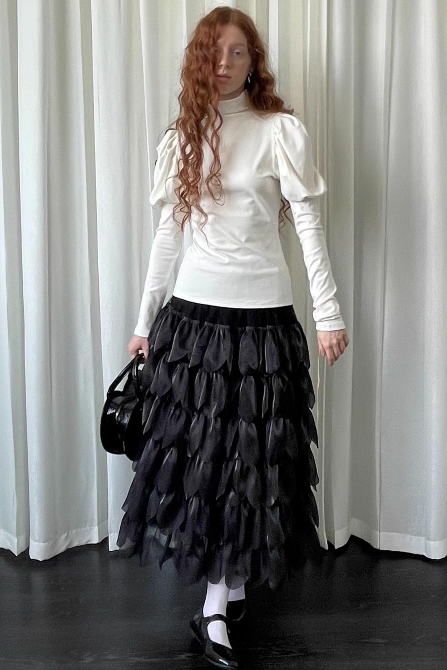 Petal Black Mesh Midi Skirt