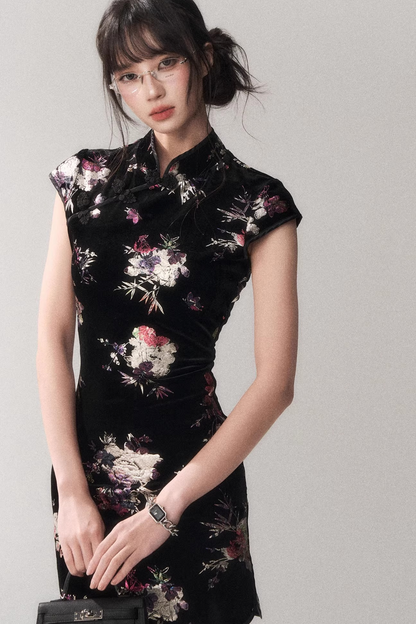 Gold-Embellished Velvet Qipao Dress