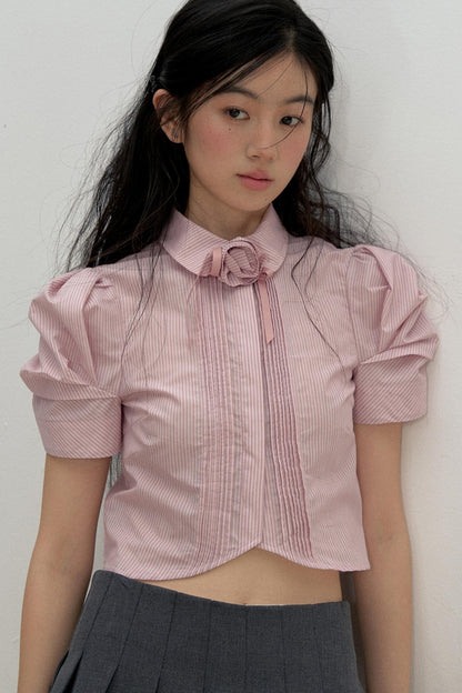 Vertical Stripe Bubble Sleeve Shirt