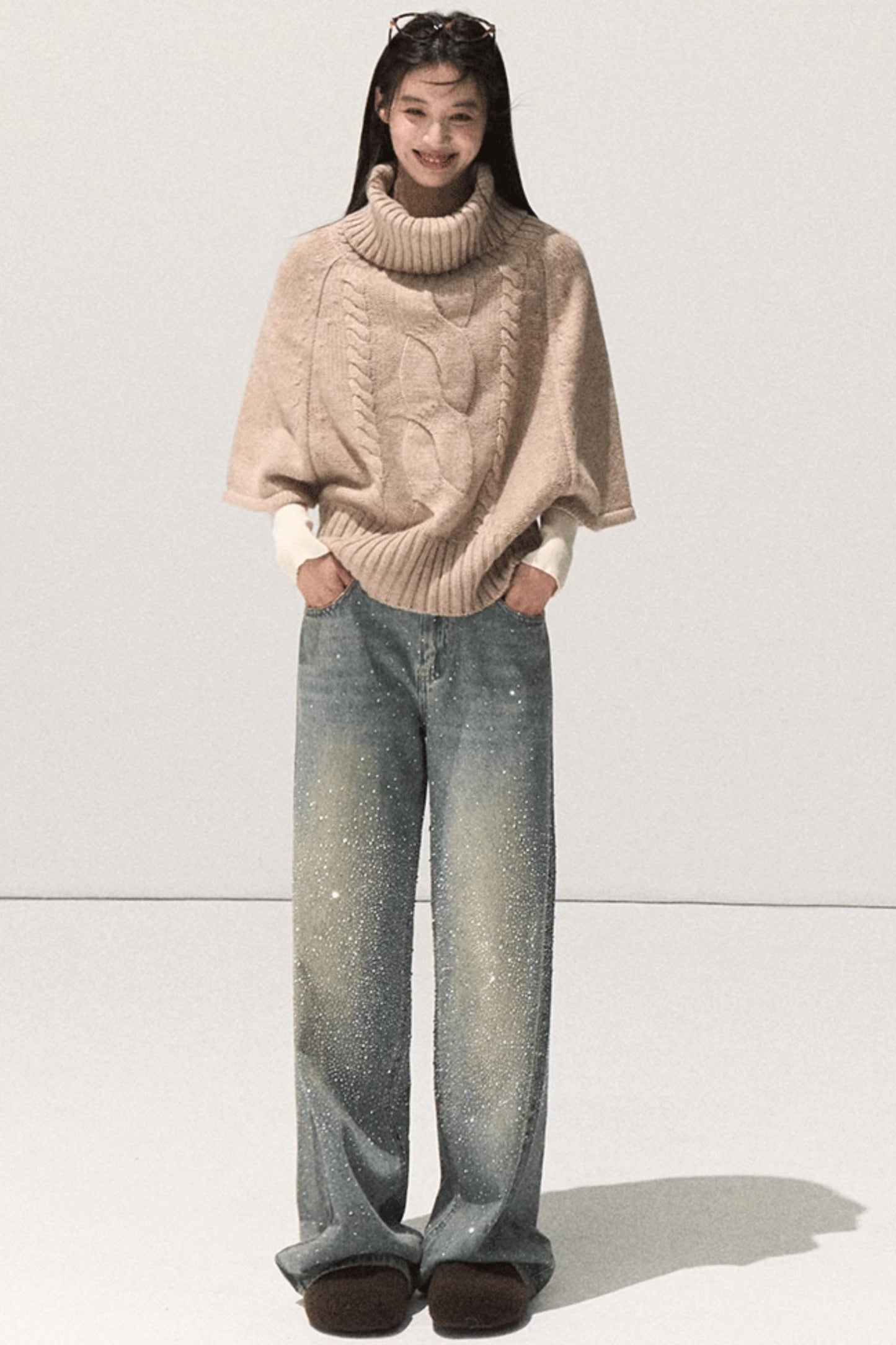 Moon Wool Twist Knit Cape Sweater Set-Up