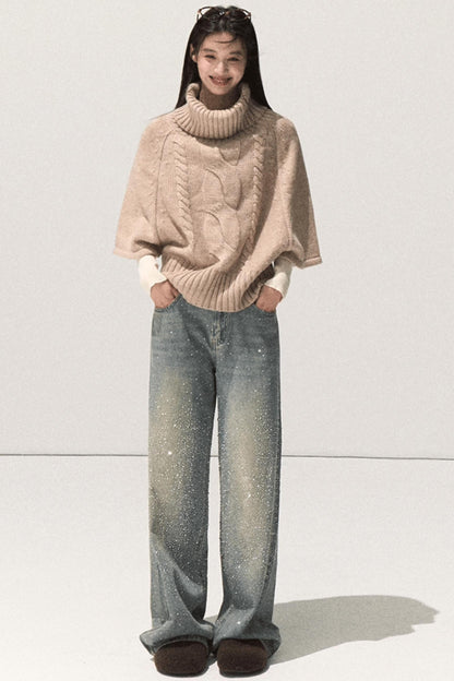 Moon Wool Twist Knit Cape Sweater Set-Up