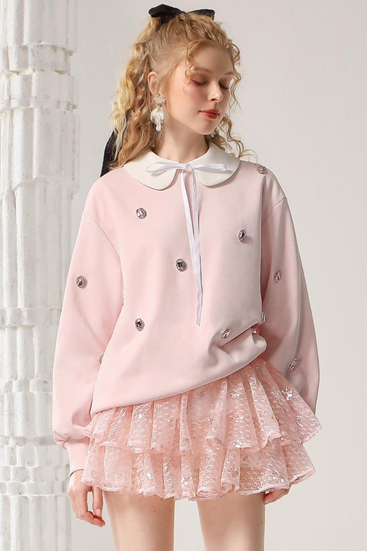 Pink Doll Collar Nail Drill Sweatshirt