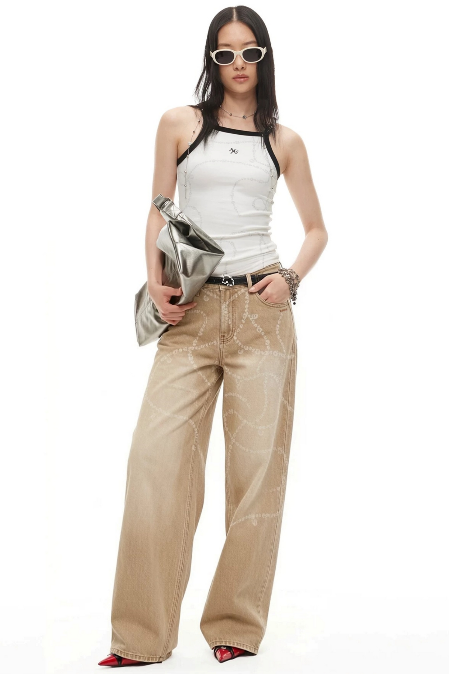 Wide-Leg Diamond Chain Jeans