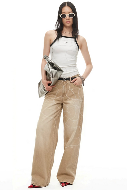 Wide-Leg Diamond Chain Jeans