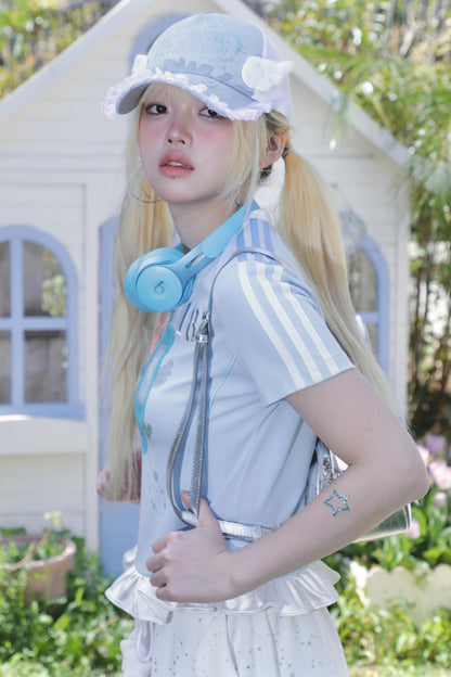 Blue Ruffle V-Neck Tee