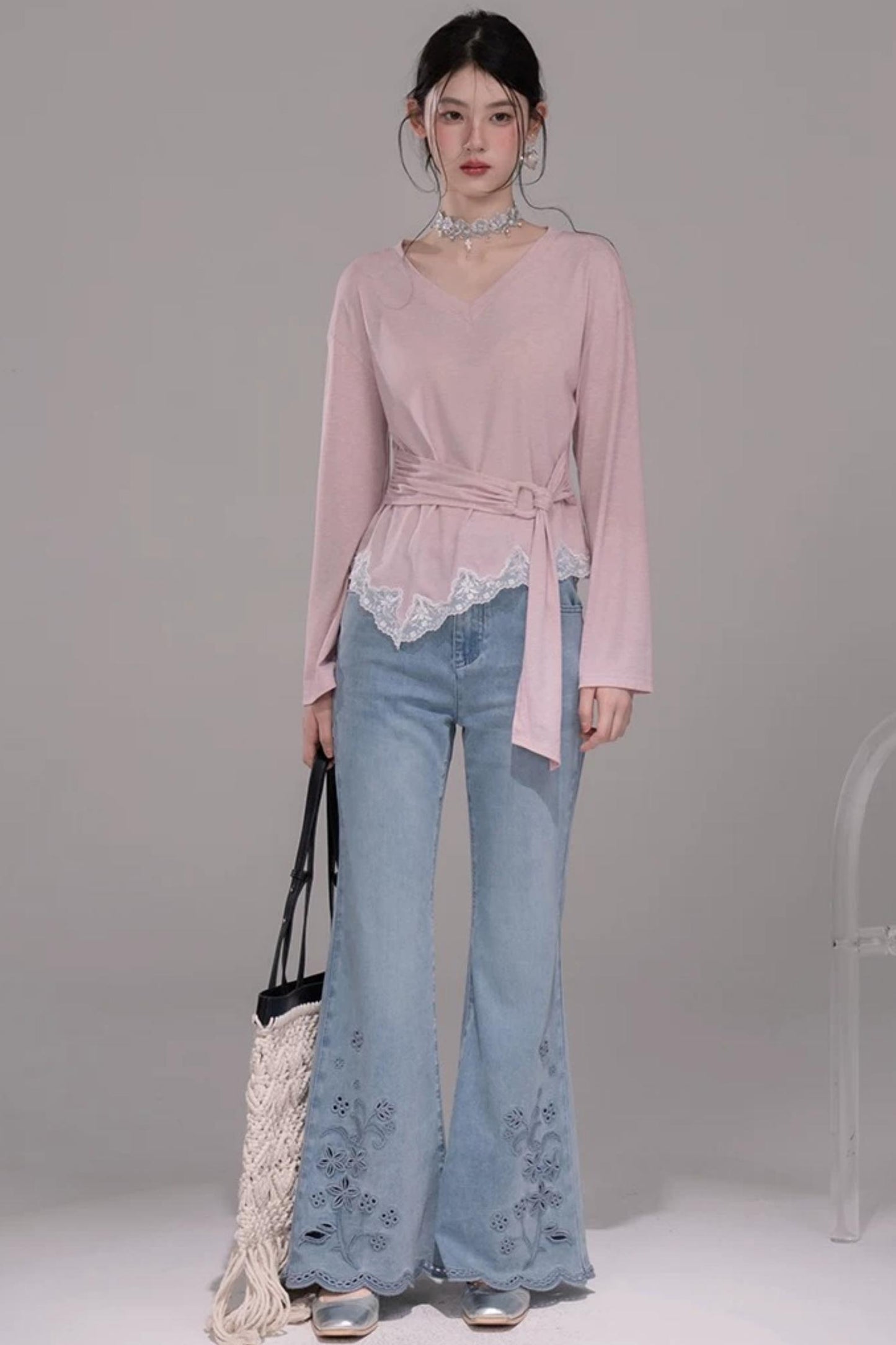 Laser Embroidery Denim Pants