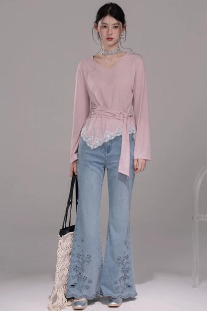 Laser Embroidery Denim Pants