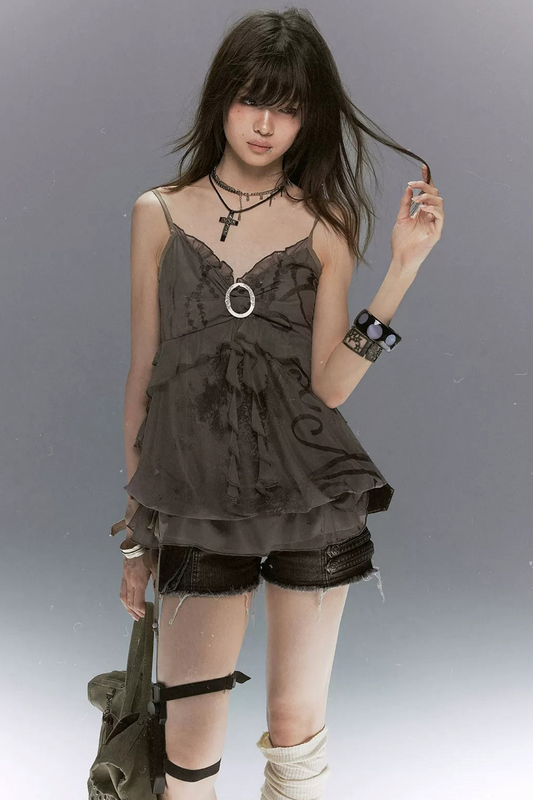 Bubble Graffiti Mesh Camisole Top