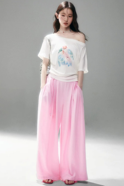 Mint Bird Print Off-Shoulder Ruched Top