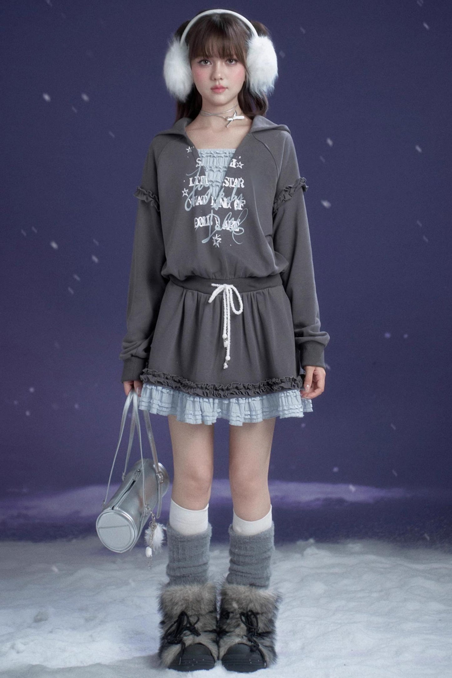 Gray-Blue Hooded Sweatshirt Dress