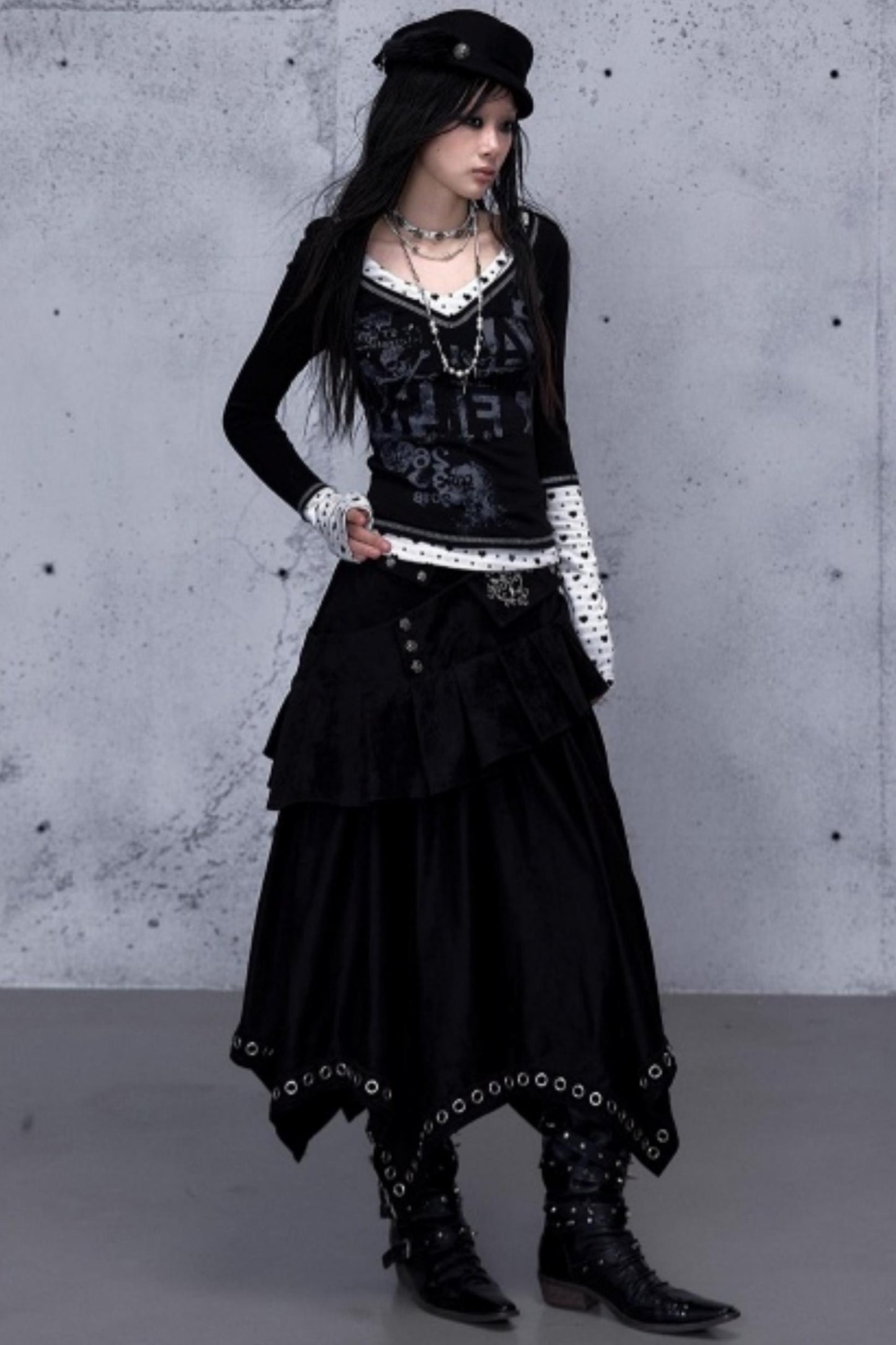 Dark Punk Patchwork Midi Skirt