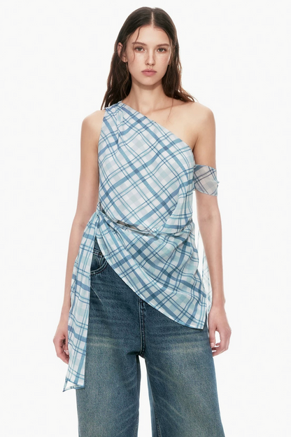 Blue Plaid One-Shoulder Vest