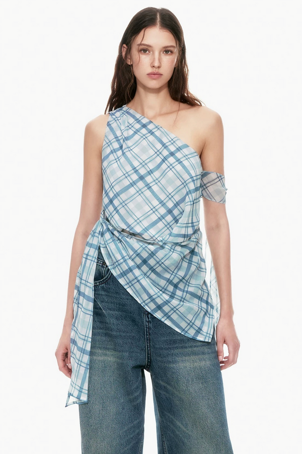 Blue Plaid One-Shoulder Vest