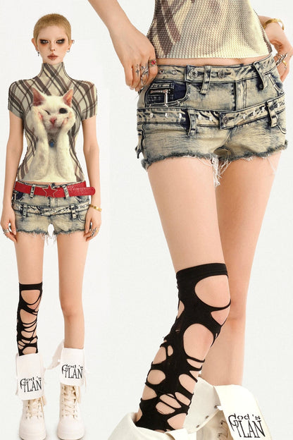 Distressed Low-Waist Denim Shorts