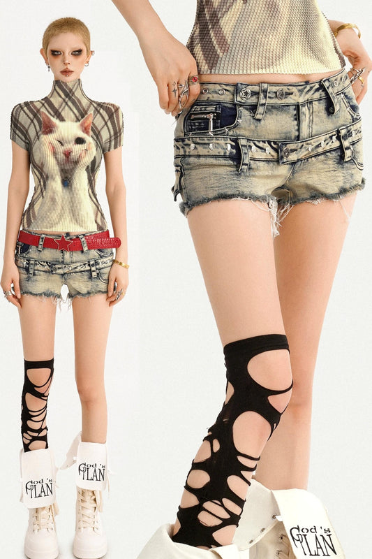 Distressed Low-Waist Denim Shorts