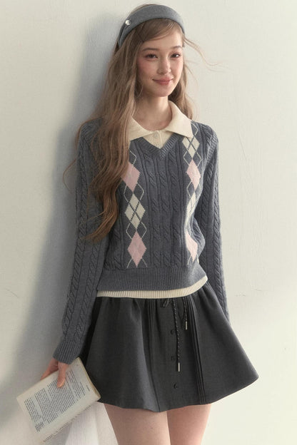Retro Argyle Knitted Sweater
