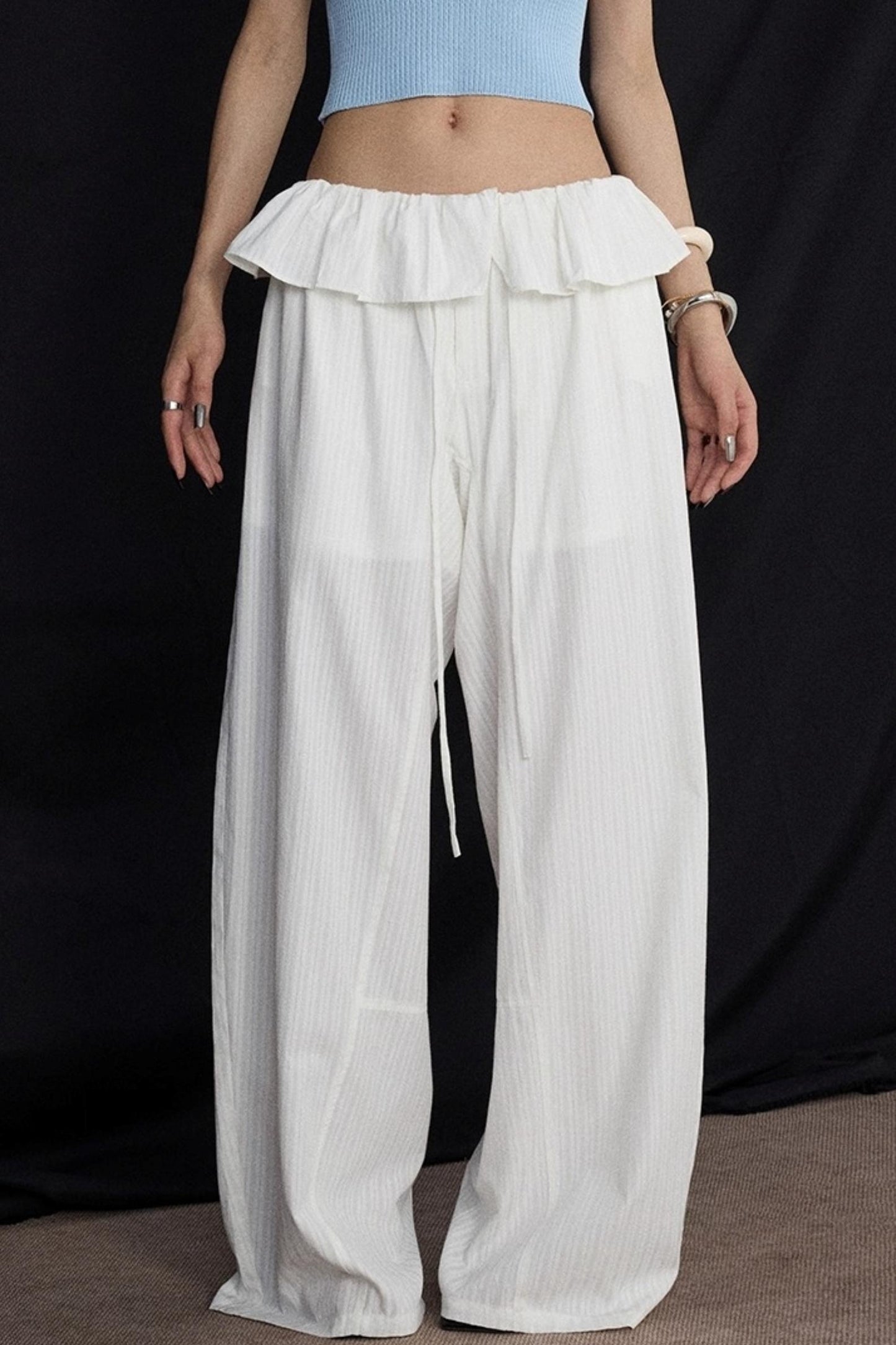 White Lace Drawstring Wide-Leg Pants