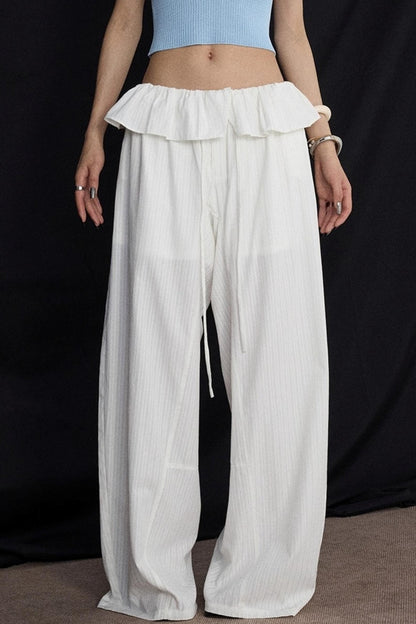 White Lace Drawstring Wide-Leg Pants