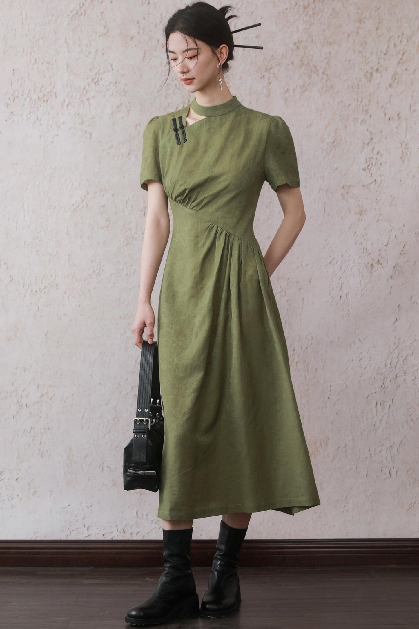 Plum Green Button Dress