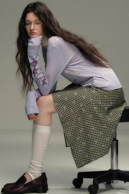 Retro Green Check Lace-Up Skirt