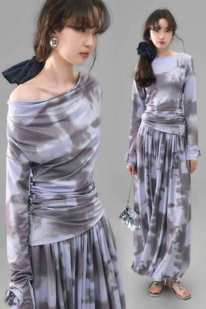 Poetic Swing Collar Print T-Shirt & Skirt Set-Up