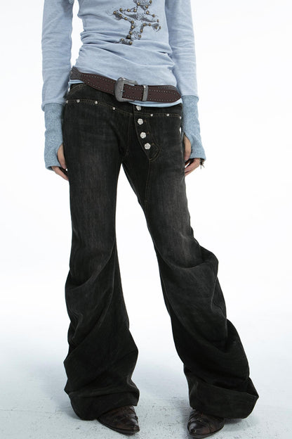 Black Gray Denim Stacked Flared Pants