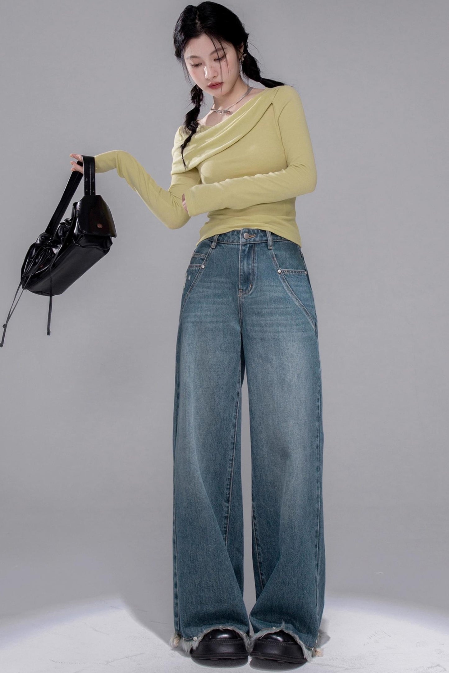 Deep Lake Blue Washed Wide-Leg Jeans