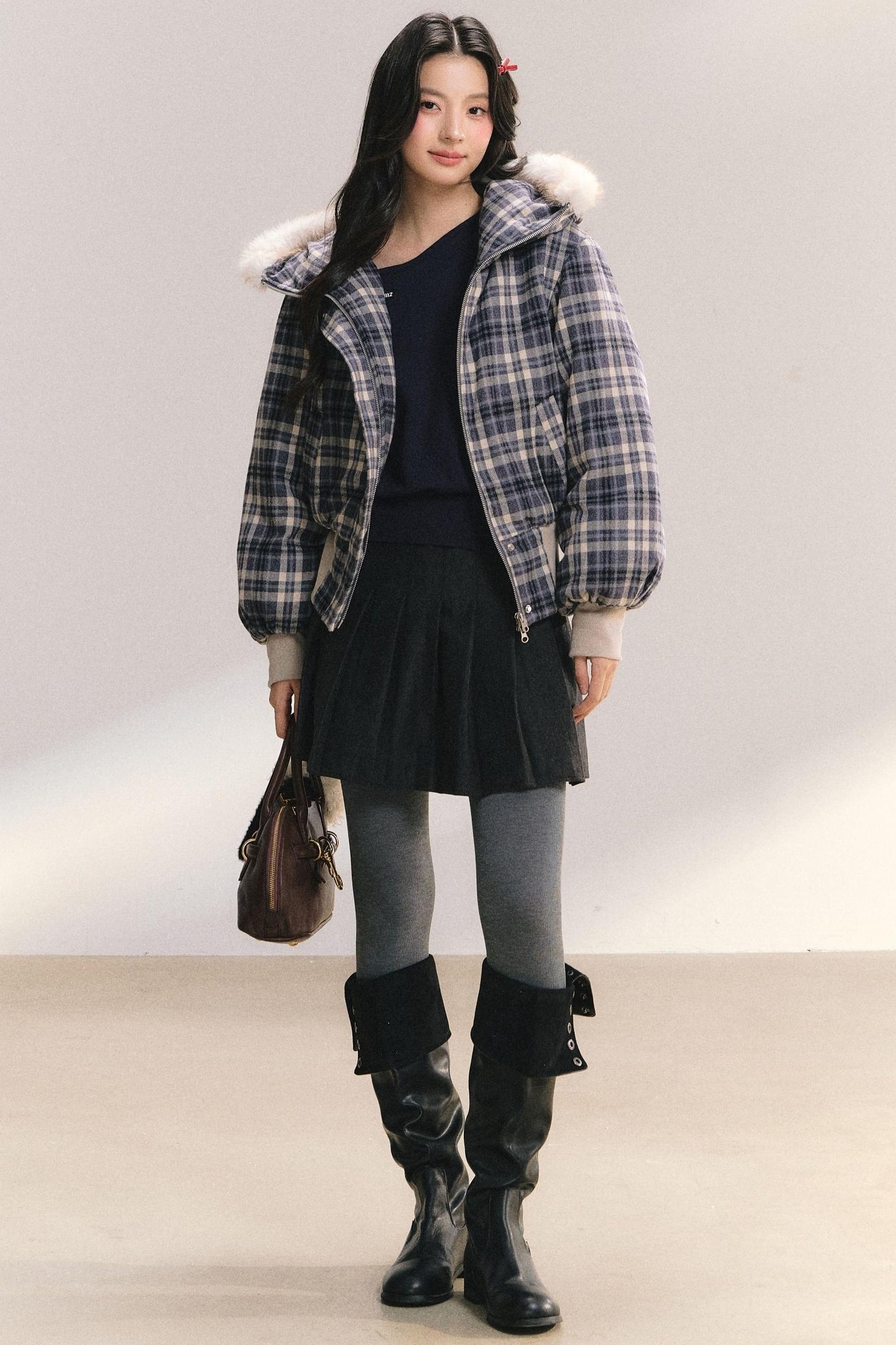 Plaid Fur Collar Winter Coat