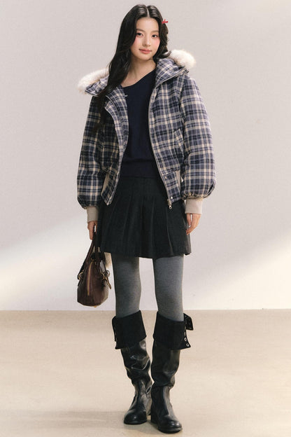 Plaid Fur Collar Winter Coat