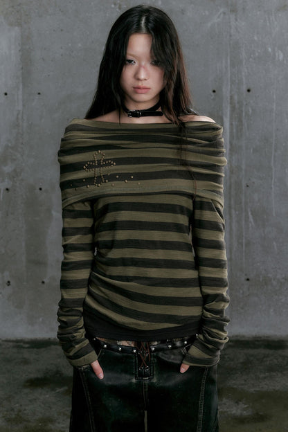 Grey Green Striped Knit Boat Neck T-Shirt