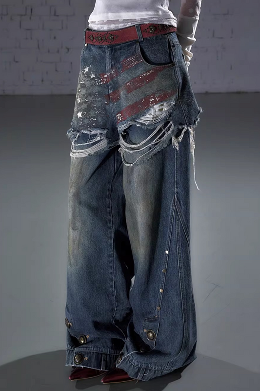 Retro Print Denim Pants