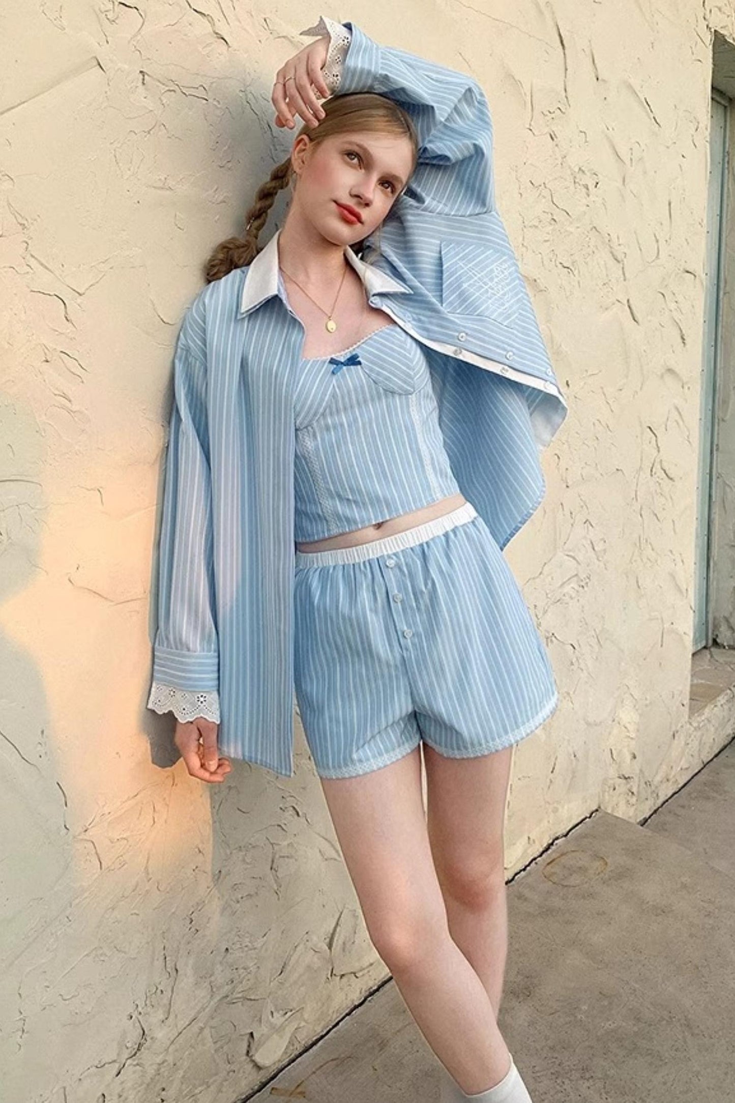 Blue Striped Lace Cami & Shorts Set-Up