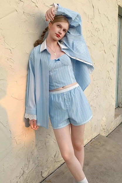 Blue Striped Lace Cami & Shorts Set-Up