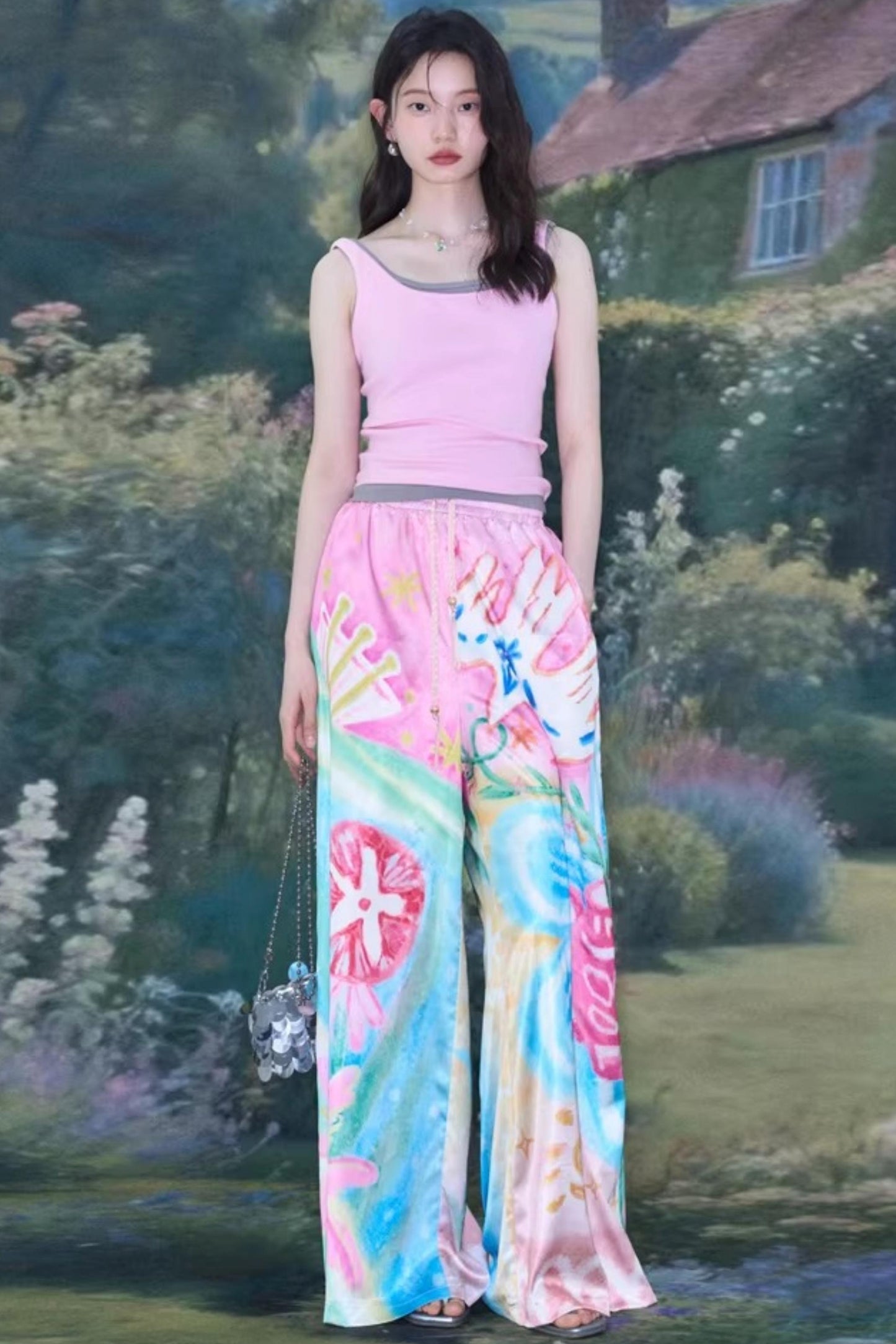 Bird and Floral Wide-Leg Pants