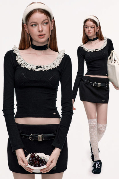 Girly Sweet Cool Lace Collar Knitted Top