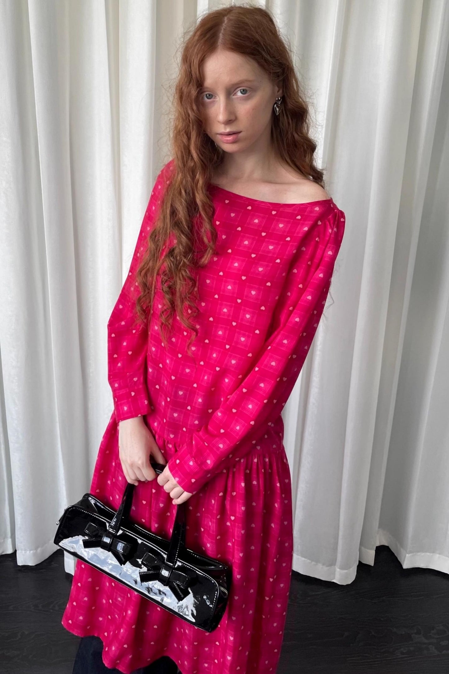 Smell Love Bow Rose Red Plaid Long Sleeve Dress