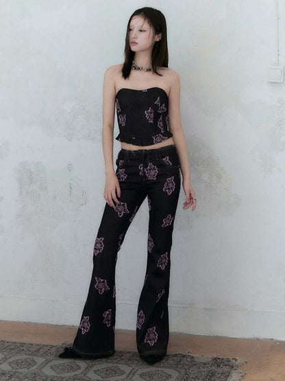 Denim Rose Print Tube Top & Bell Pants