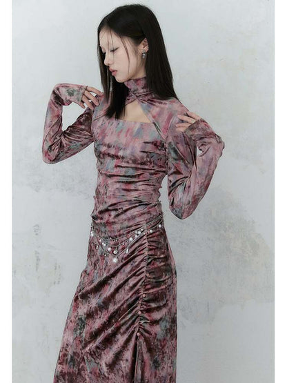 Chinese Style Marble Print Tops & Slit Skirt