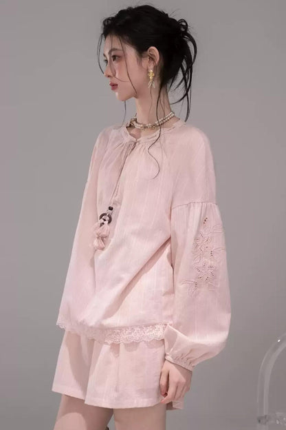 Cloud Peach Embroidered Striped Shirt Set-Up