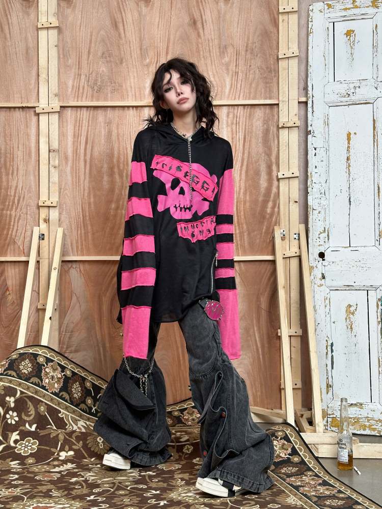 Rock Punk Skull Print Striped Sleeve Hoodie