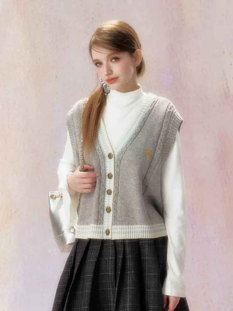 Embroidered V-Neck Knit Jacquard Vest Cardigan